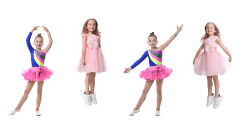 Image of Cute little girls dancing and jumping on white background, set of photos
