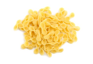 Photo of Pile of raw farfalline pasta isolated on white, top view