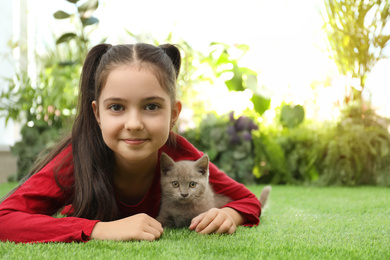 Girl with Scottish straight baby cat on green grass