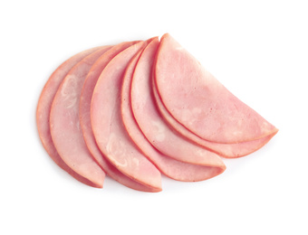 Photo of Slices of tasty fresh ham isolated on white, above view