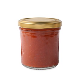 Photo of Red curry paste in glass jar isolated on white