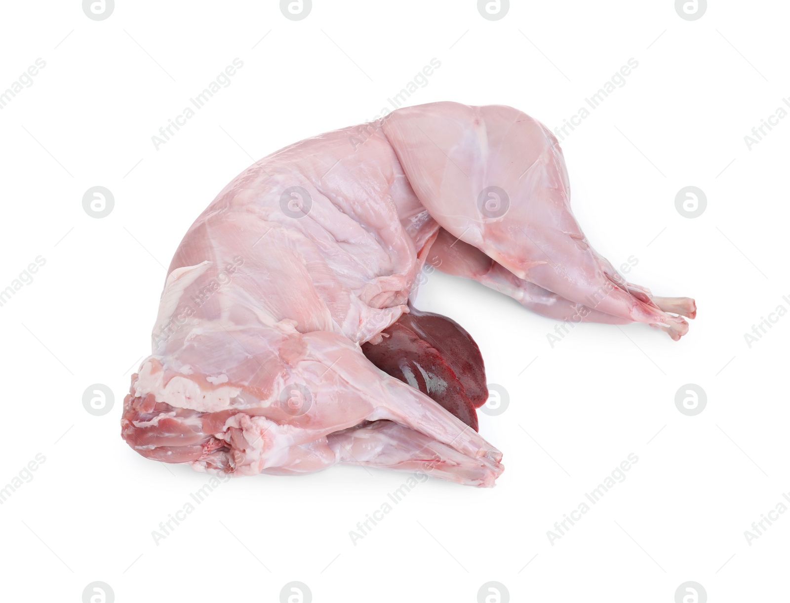 Photo of Whole raw rabbit carcass and liver isolated on white