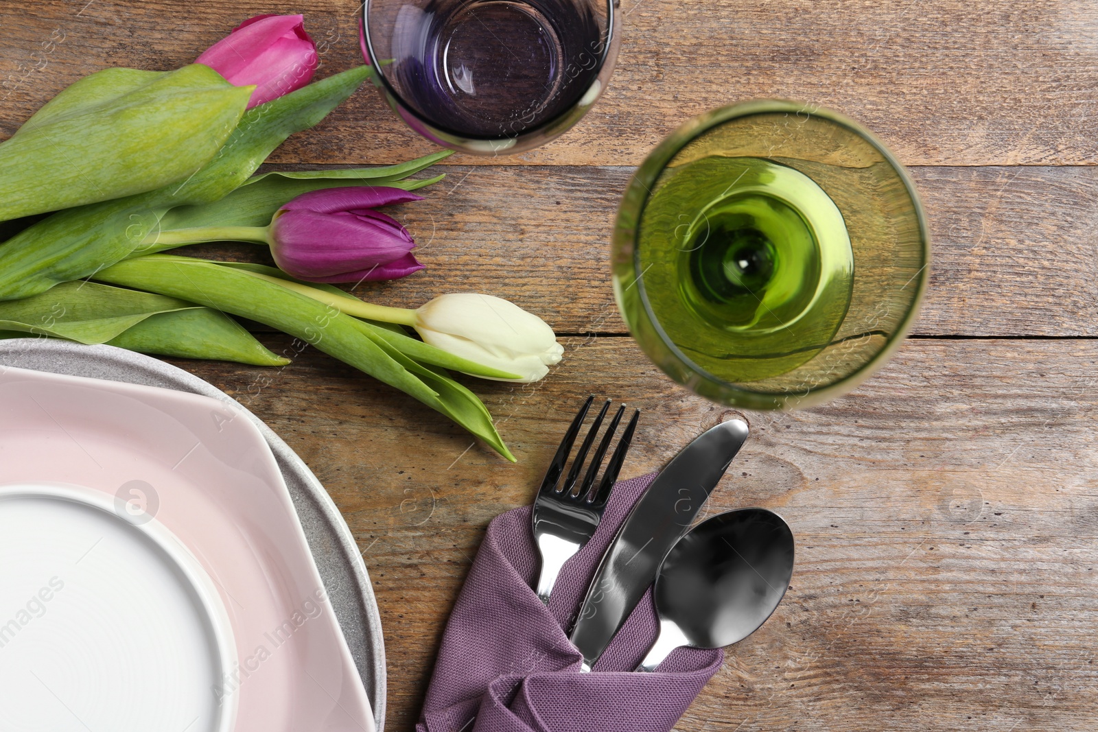 Photo of Stylish elegant table setting on wooden background, top view