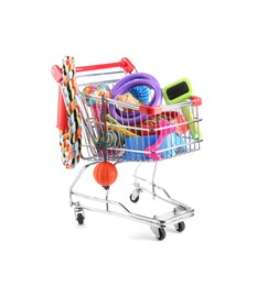 Different pet goods in shopping cart isolated on white. Shop items