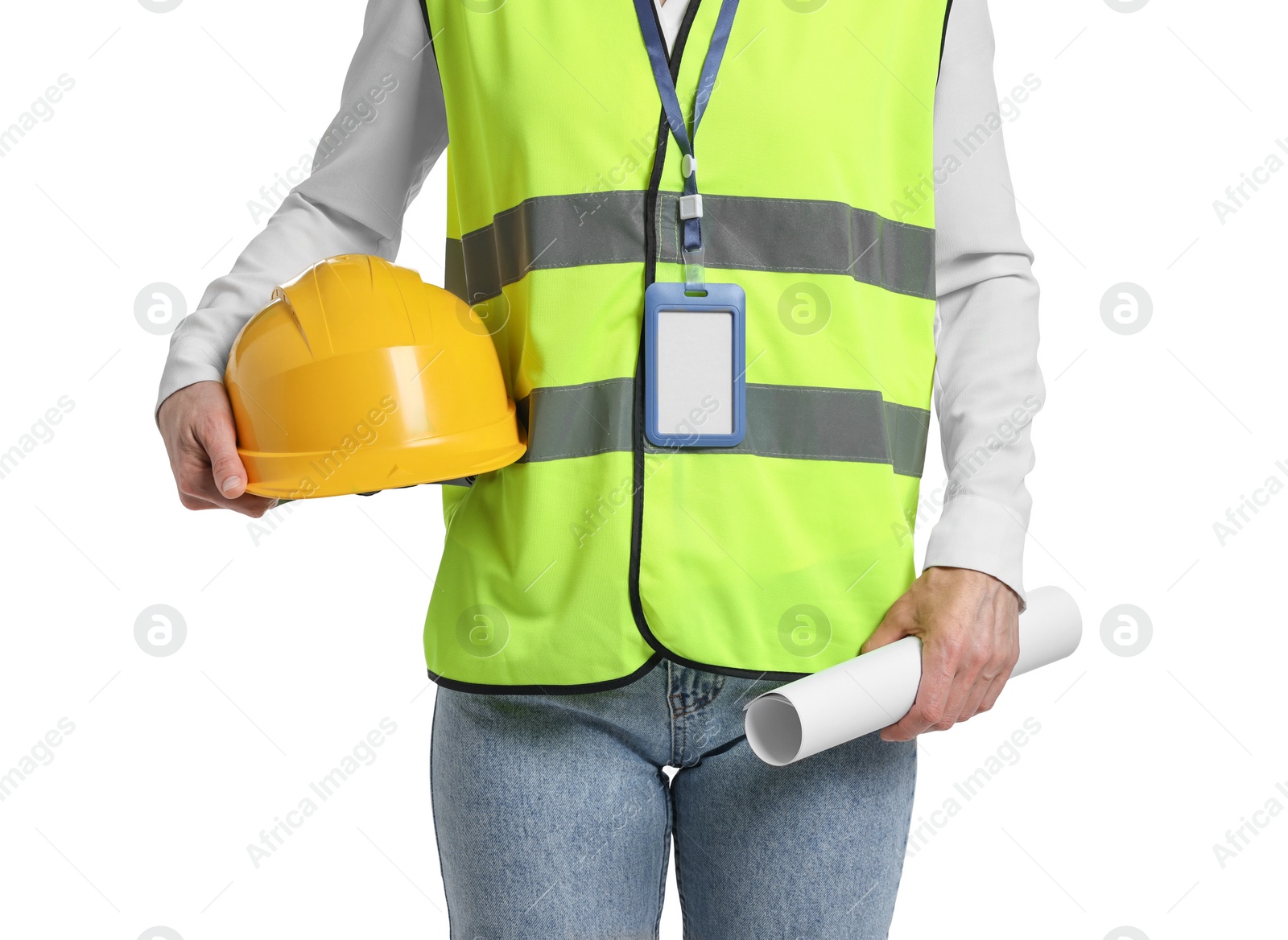 Photo of Engineer with hard hat and draft on white background, closeup