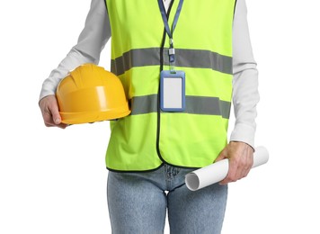 Photo of Engineer with hard hat and draft on white background, closeup