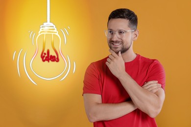 Idea generation. Man and illustration of glowing light bulb on golden background