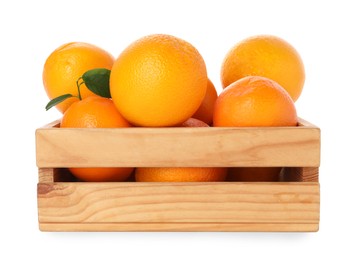 Fresh oranges in wooden crate isolated on white