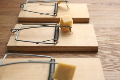 Mousetraps with pieces of cheese on wooden background, closeup. Pest control