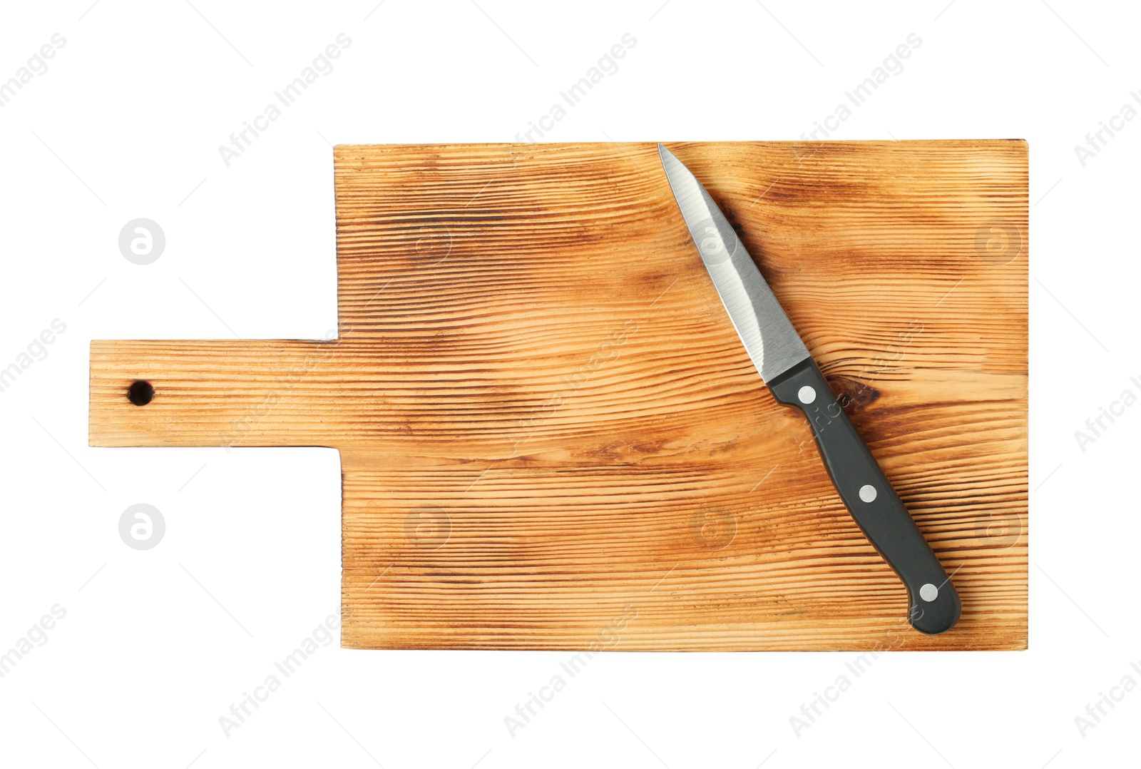 Photo of Sharp paring knife with wooden board isolated on white, top view