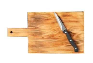 Sharp paring knife with wooden board isolated on white, top view