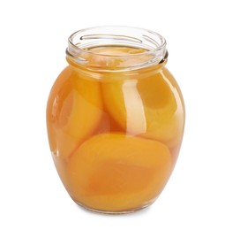 Glass jar with canned peach halves isolated on white