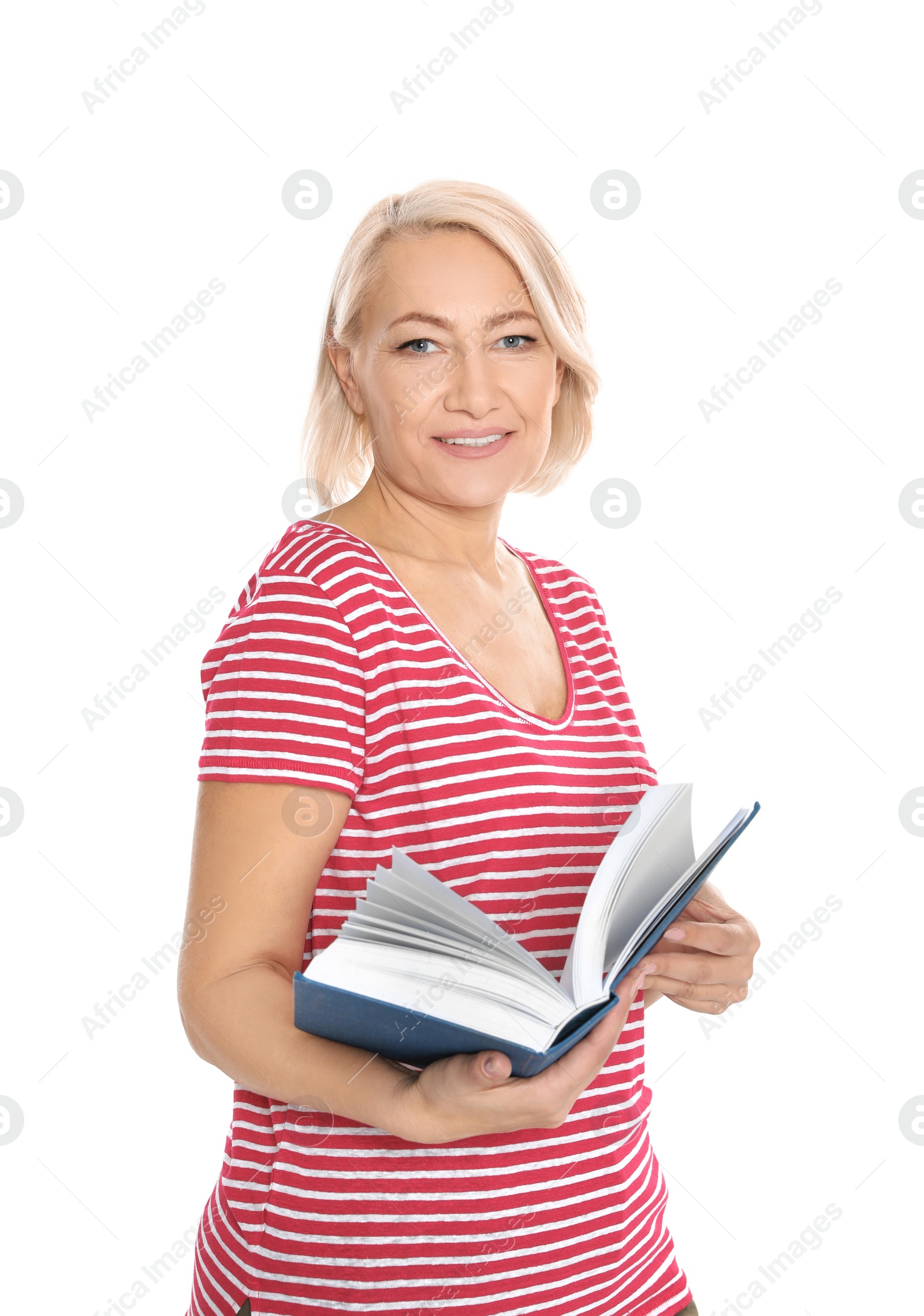Photo of Senior woman reading book on white background