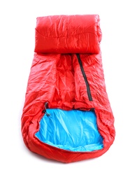 Photo of Sleeping bag on white background. Camping equipment