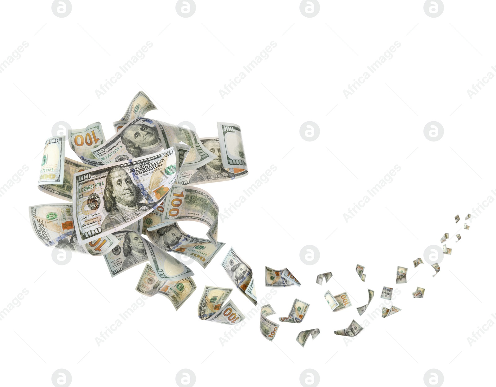 Image of Many American dollars on white background. Flying money