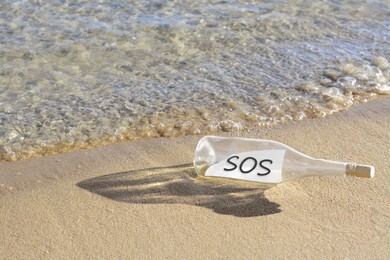 Glass bottle with SOS message on sand near sea