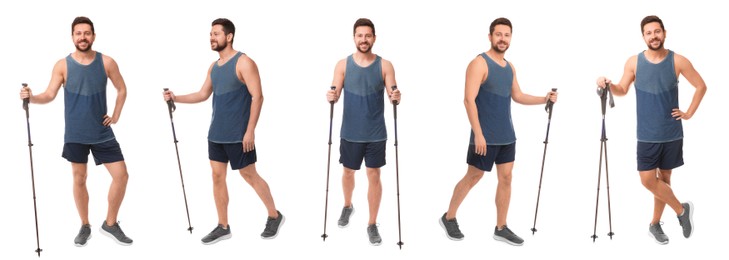Image of Sporty man with Nordic walking poles on white background, collage with photos
