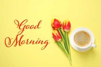 Image of Good morning! Spring tulips and coffee on yellow background, flat lay