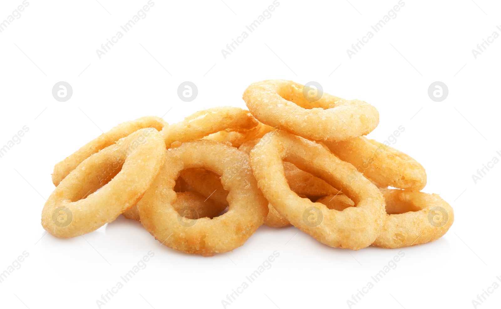 Photo of Freshly cooked onion rings on white background