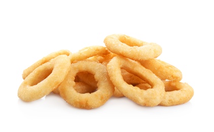 Photo of Freshly cooked onion rings on white background