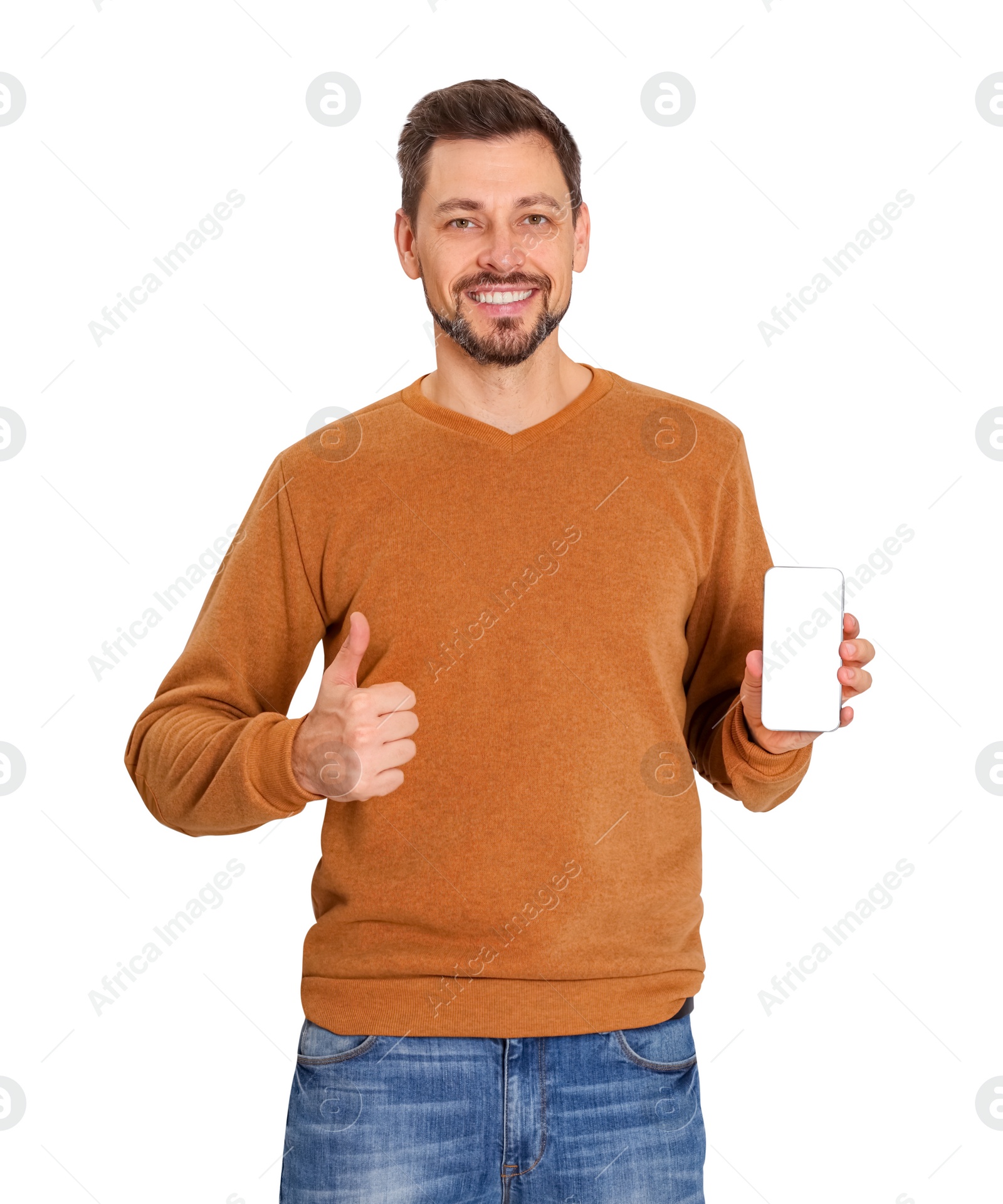 Photo of Happy man with phone on white background