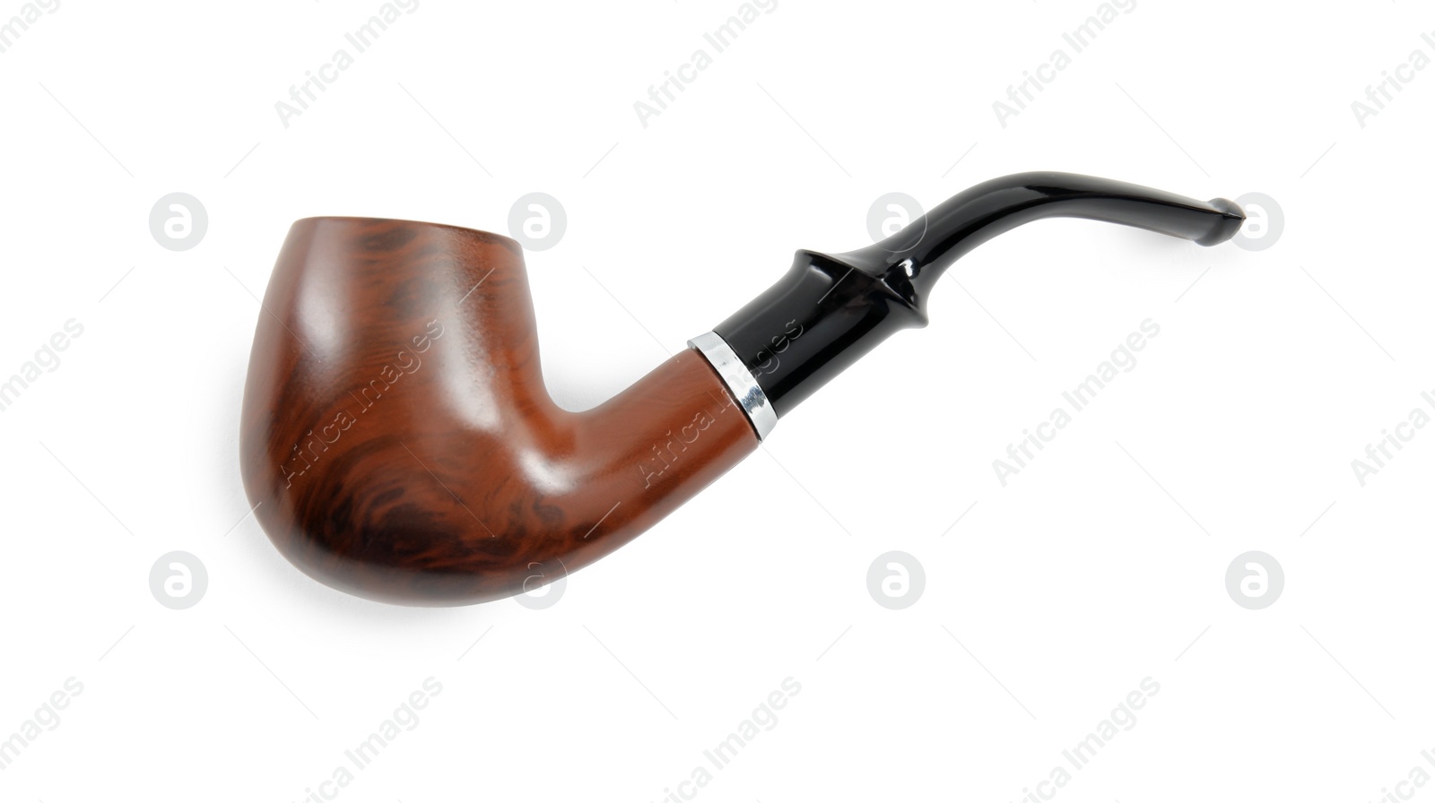 Photo of Classic wooden smoking pipe isolated on white, top view