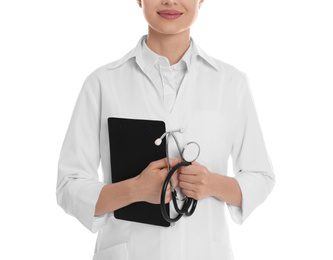 Photo of Doctor with clipboard and stethoscope on white background, closeup