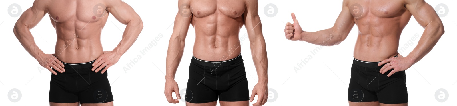 Image of Man in stylish black underwear on white background, set of closeup photos