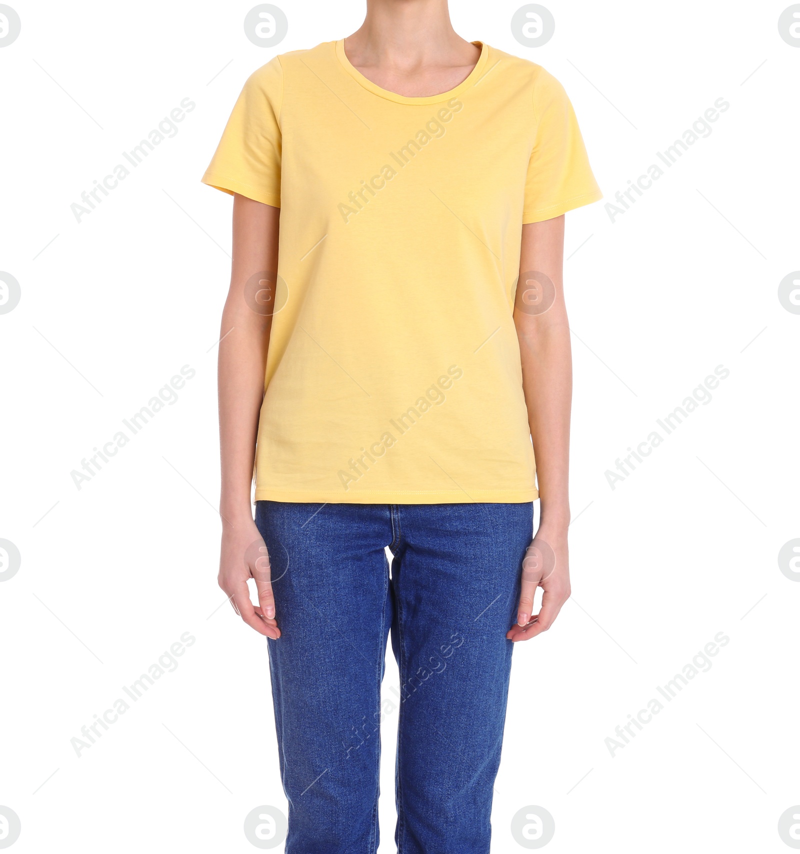 Photo of Young slim woman on white background, closeup. Weight loss