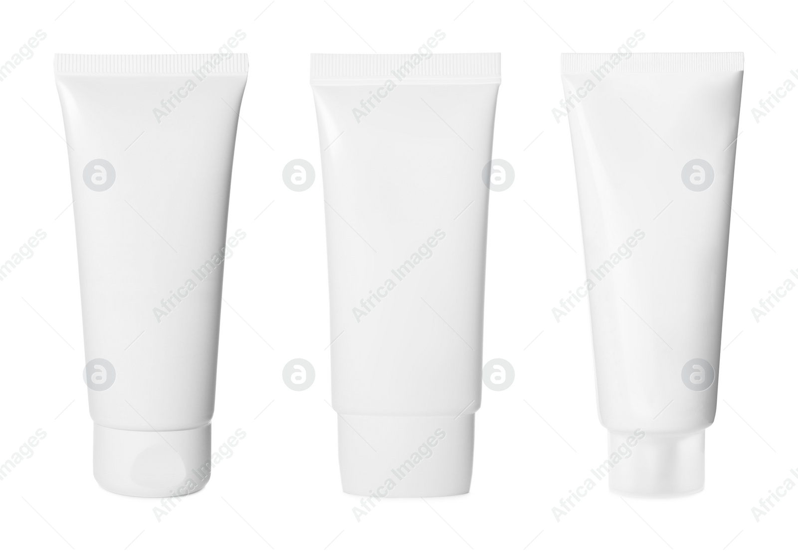 Image of Set with blank tubes of cosmetic products on white background. Mockup for design