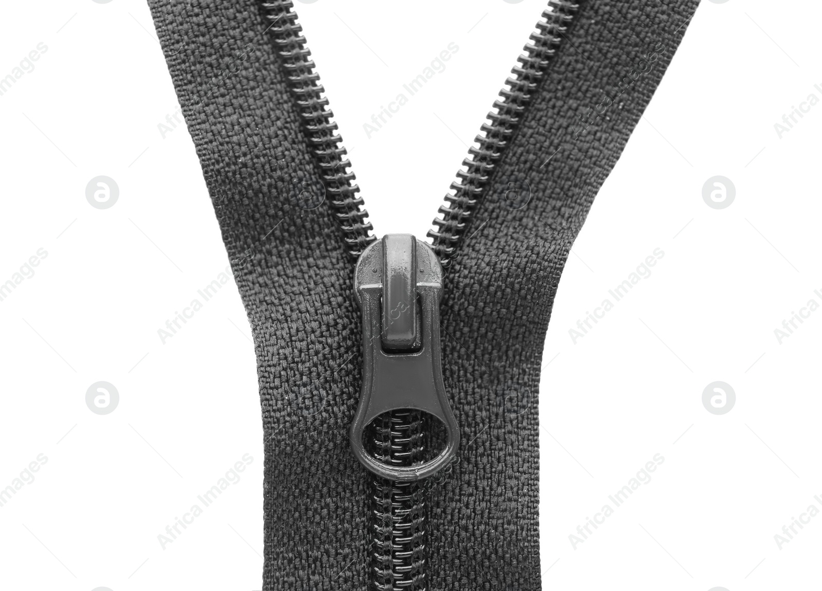Photo of Black zipper on white background, top view