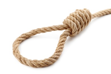 Photo of Rope noose with knot on white background, closeup
