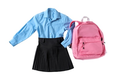 Stylish school uniform for girl and backpack on white background, top view