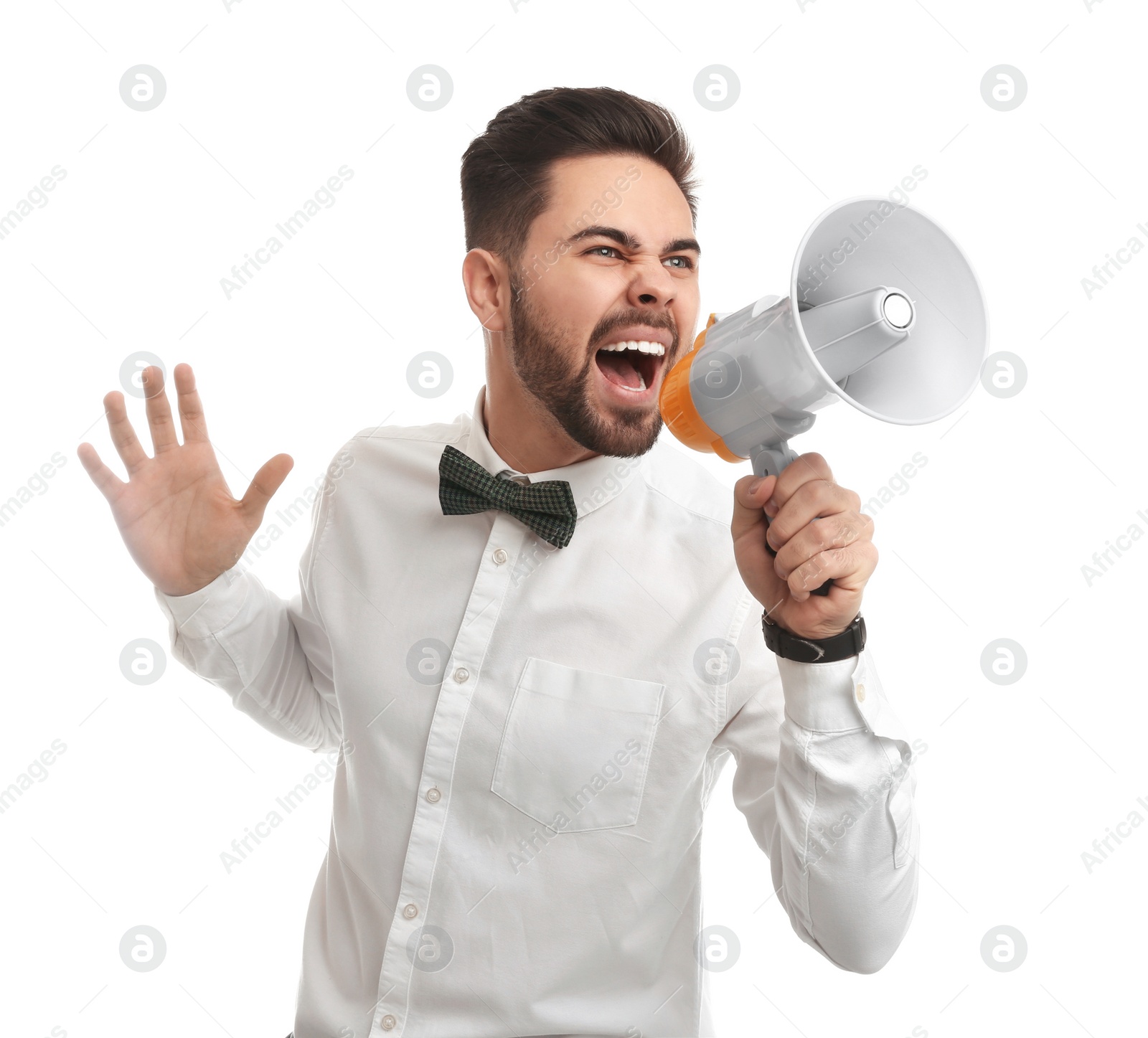 Photo of Young man with megaphone on white background