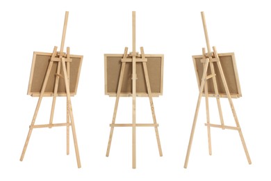 Wooden easel with canvas isolated on white, different sides