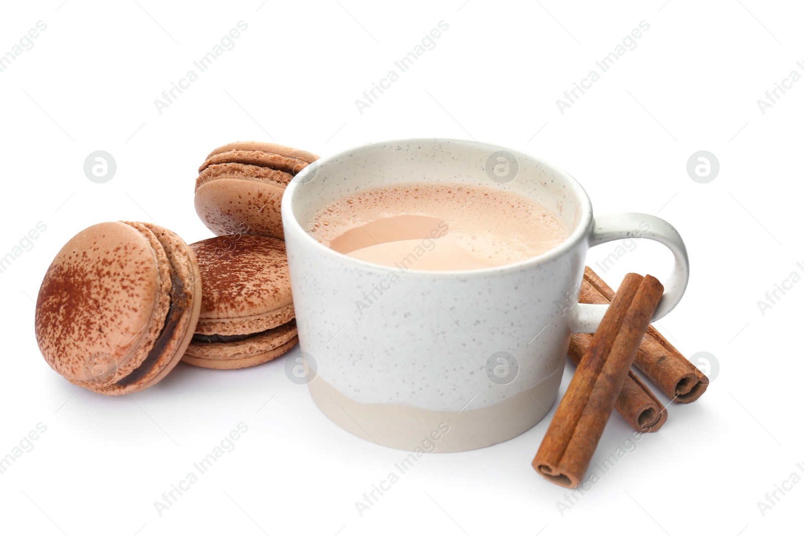 Photo of Mug with delicious hot cocoa drink and macarons on white background