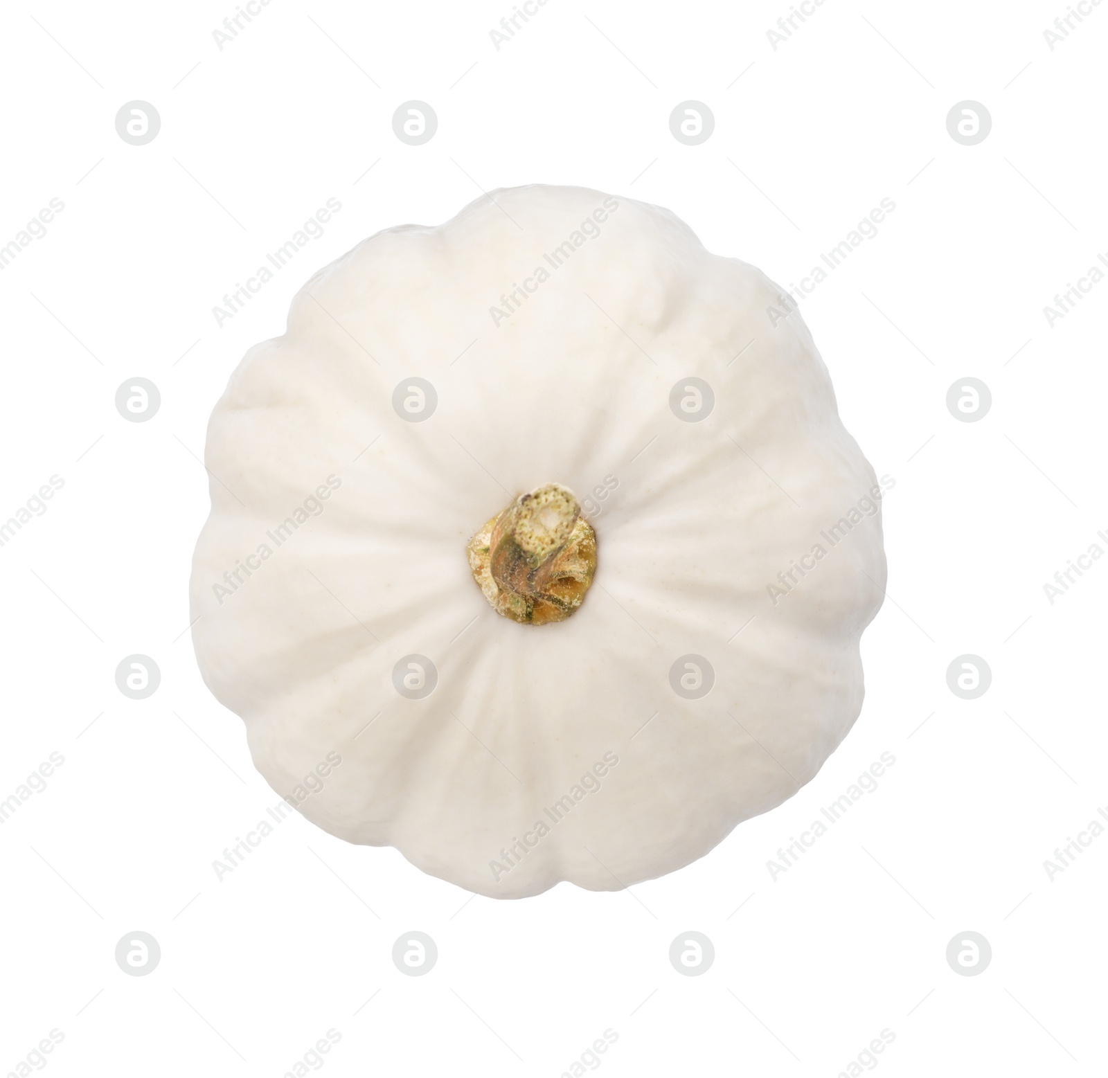 Photo of One ripe beige pumpkin isolated on white, top view