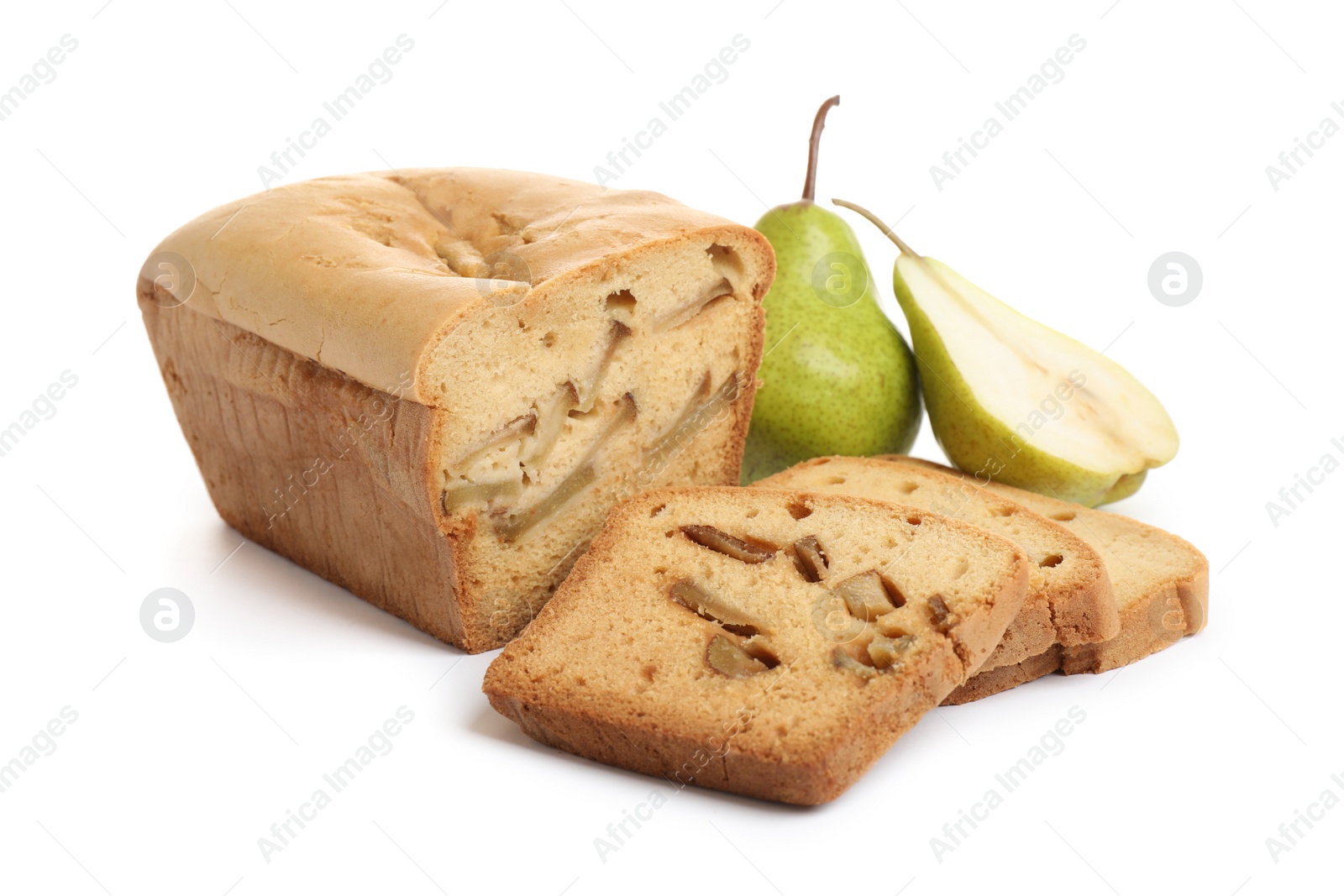 Photo of Tasty bread and pears isolated on white. Homemade cake
