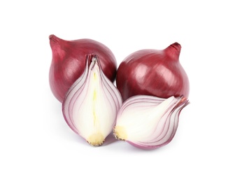 Photo of Fresh whole and cut red onions on white background