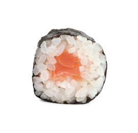 Photo of Delicious fresh sushi roll with salmon isolated on white