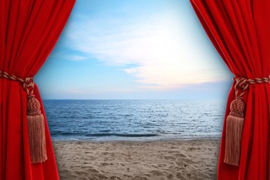 Image of Open elegant red front curtains and picturesque seascape on background