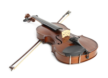 Beautiful classic violin and bow on white background. Musical instrument