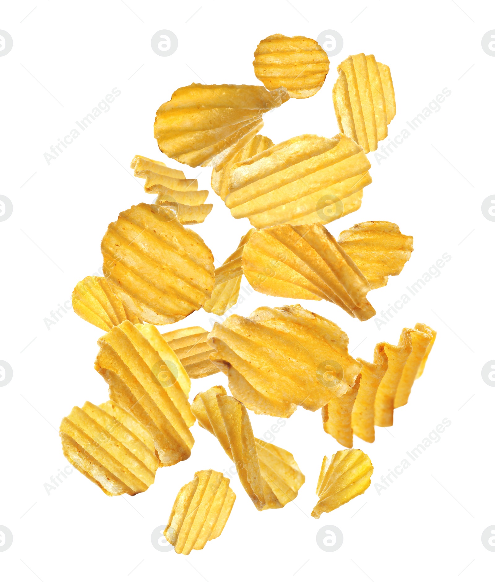 Image of Ridged crispy potato chips flying on white background