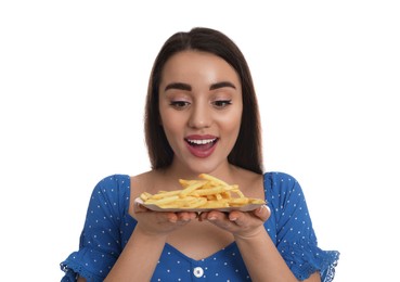 Photo of Beautiful young woman with French fries on white background