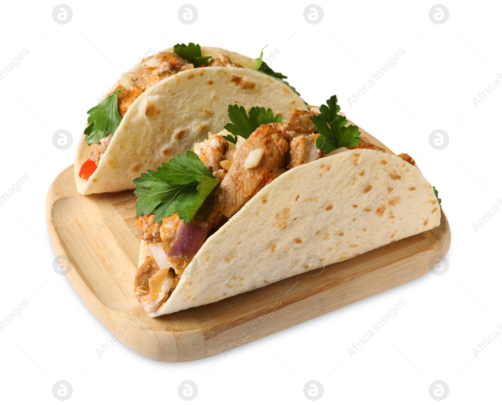 Photo of Delicious tacos with meat and vegetables isolated on white