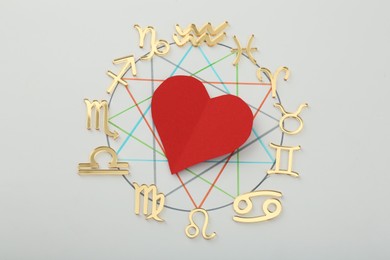 Photo of Zodiac wheel with red heart on light grey background, flat lay