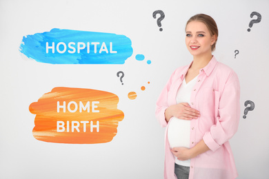 Young pregnant woman on white background. Choice between Hospital and Home Birth