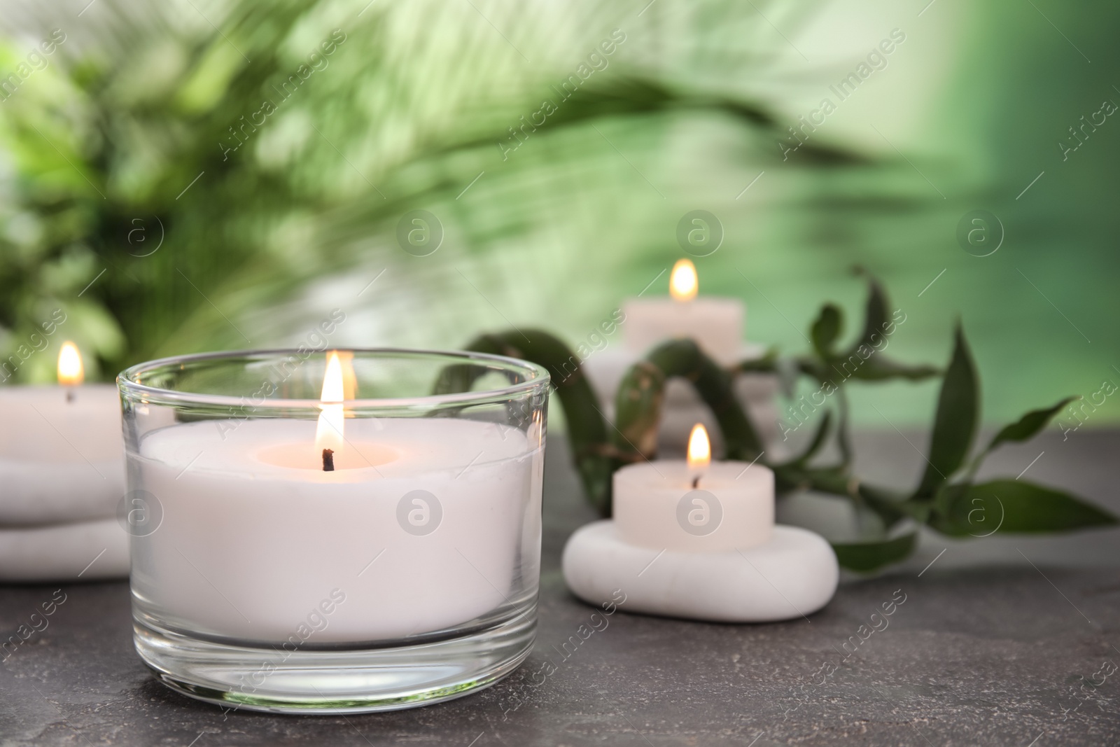 Photo of Burning candles, spa stones and bamboo sprout on grey table against blurred green background, space for text