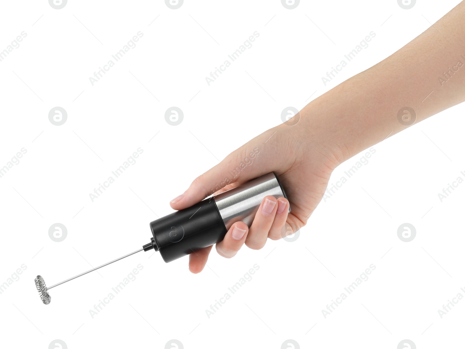 Photo of Woman holding milk frother wand on white background, closeup