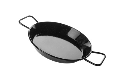 Photo of New black stir-fry pan isolated on white